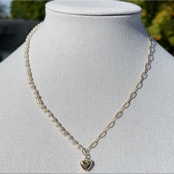 NEW 18K Gold Plated Real Baroque Pearl Chain Link Heart Pendant Choker Necklace - Picture 4 of 11